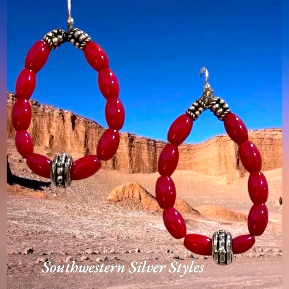 NEW Tribal Navajo Style Mediterranean Red Coral Sterling Silver Hook Earrings